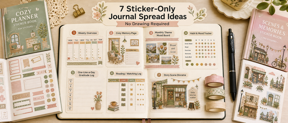 7 Easy Journal Spread Ideas Using Sticker Books (No Drawing Skills Needed)