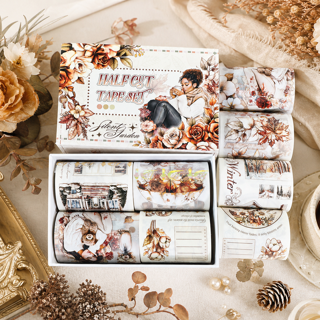 Early Winter Routine Kiss Cut Tape Set, Matte PET & Washi, Vintage Character Botanical Scenes for Junk Journal Collage