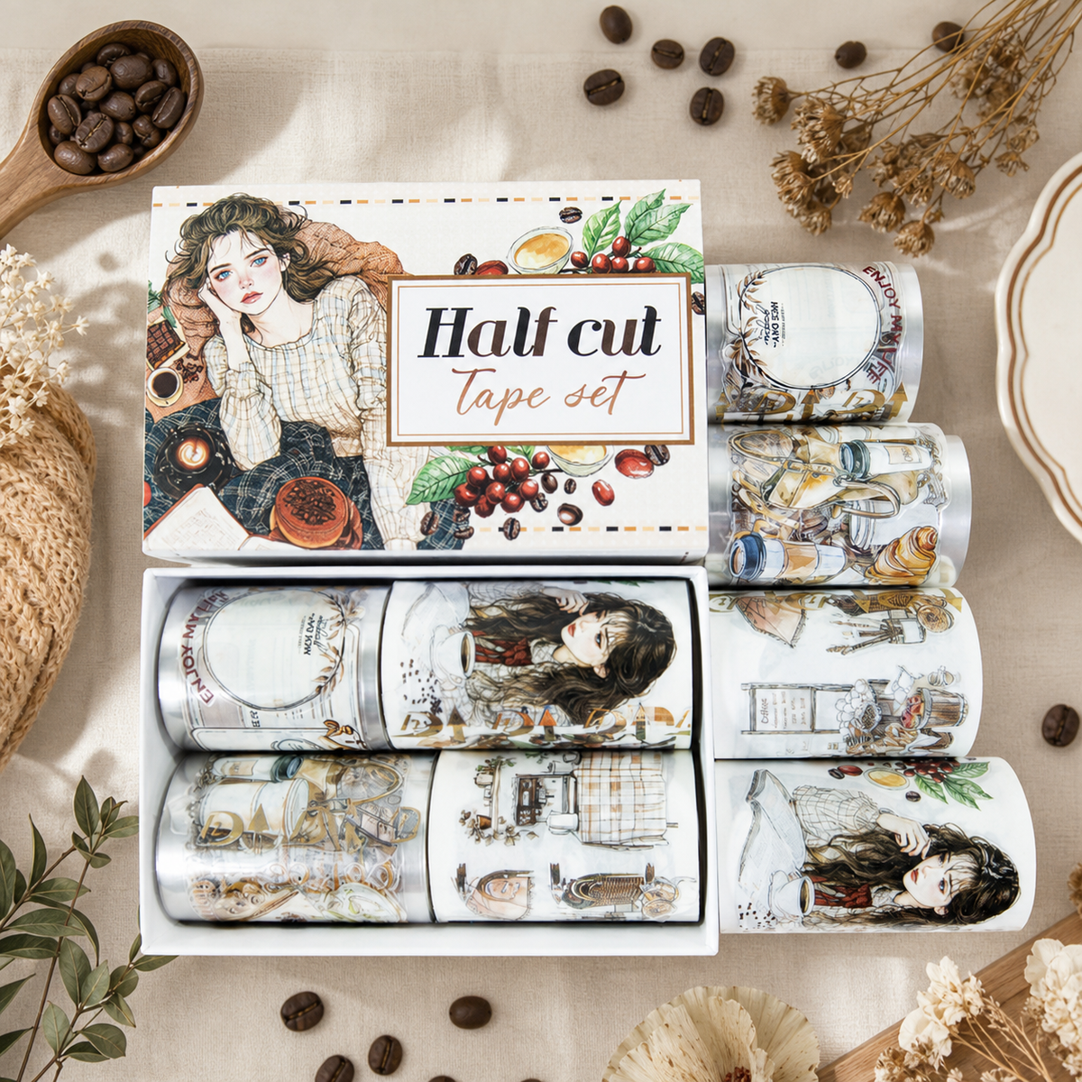 Mellow and Fragrant Moment Half Cut Tape Set, Vintage Cafe Character PET & Washi Tape for Junk Journal Collage