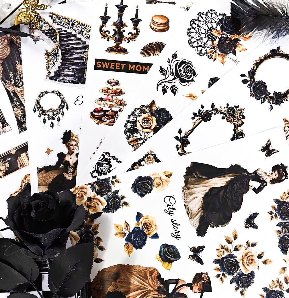 The Mysterious Black Junk Journal Stickers | Gothic Kiss Cut Matte PET (20 Sheets)