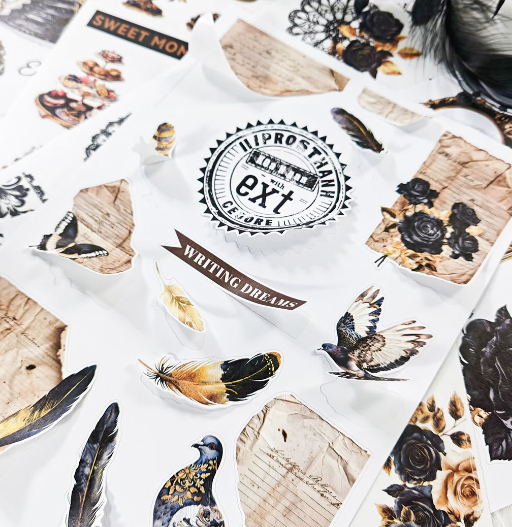 The Mysterious Black Junk Journal Stickers | Gothic Kiss Cut Matte PET (20 Sheets)