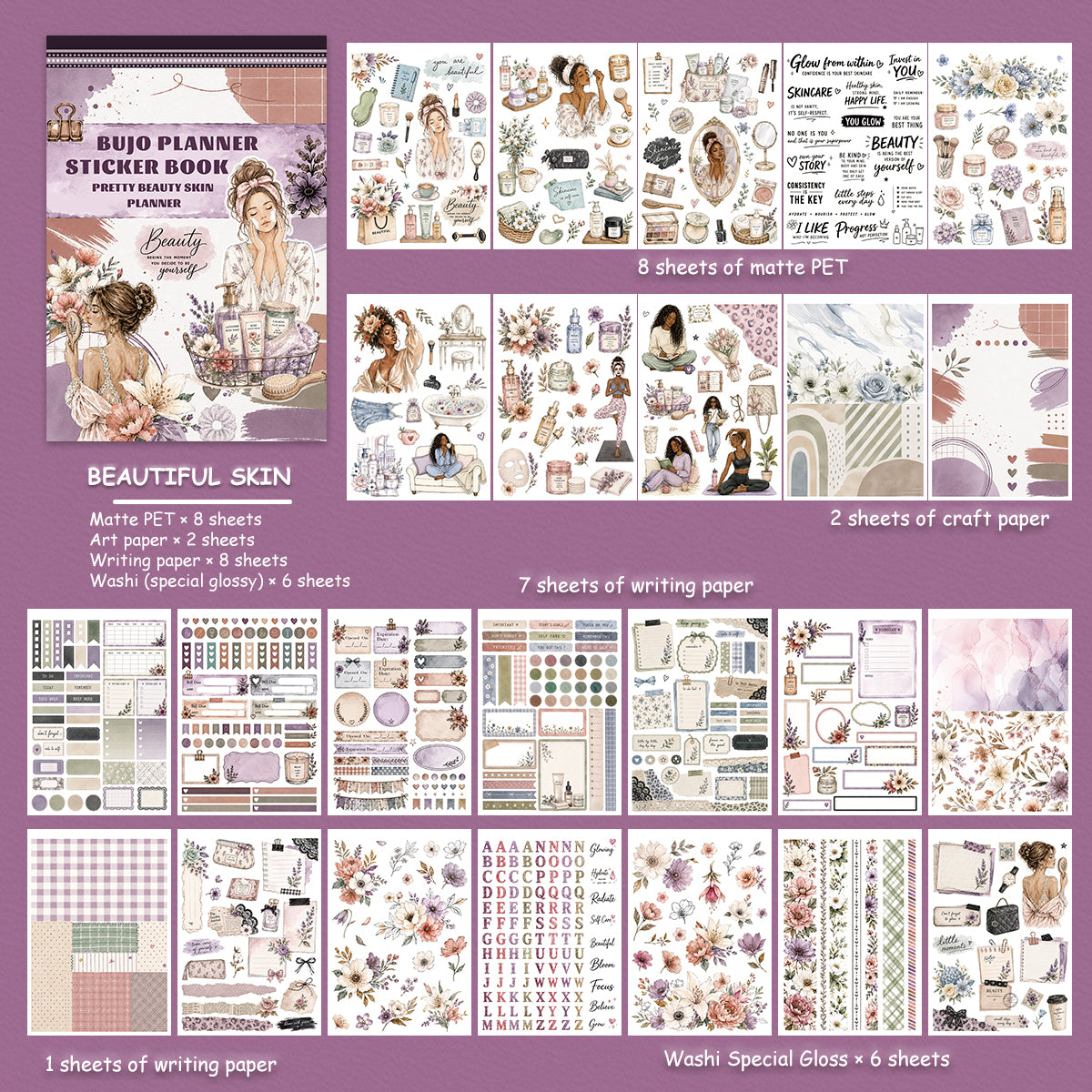 Beautiful Skin - Planner Stickers | Aesthetic Special Gloss Matte PET (24 Sheets)