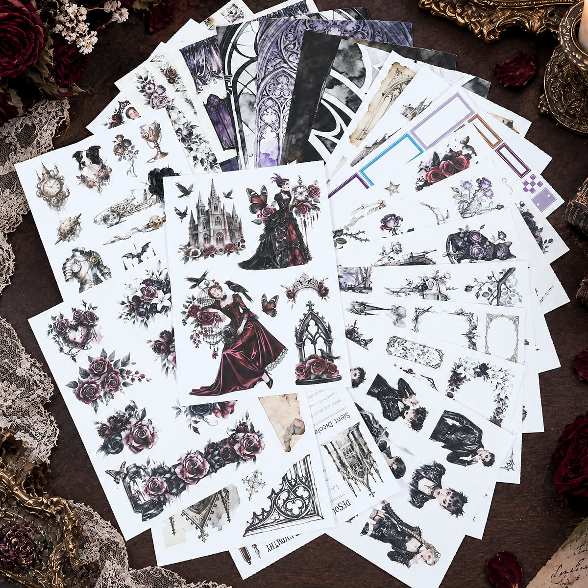 Gothic Rose Manor - Junk Journal Stickers | Gothic Kiss Cut Matte PET (24 Sheets)