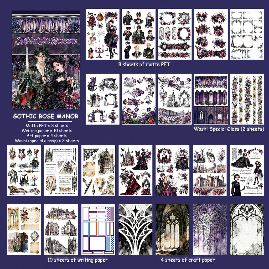 Gothic Rose Manor - Junk Journal Stickers | Gothic Kiss Cut Matte PET (24 Sheets)