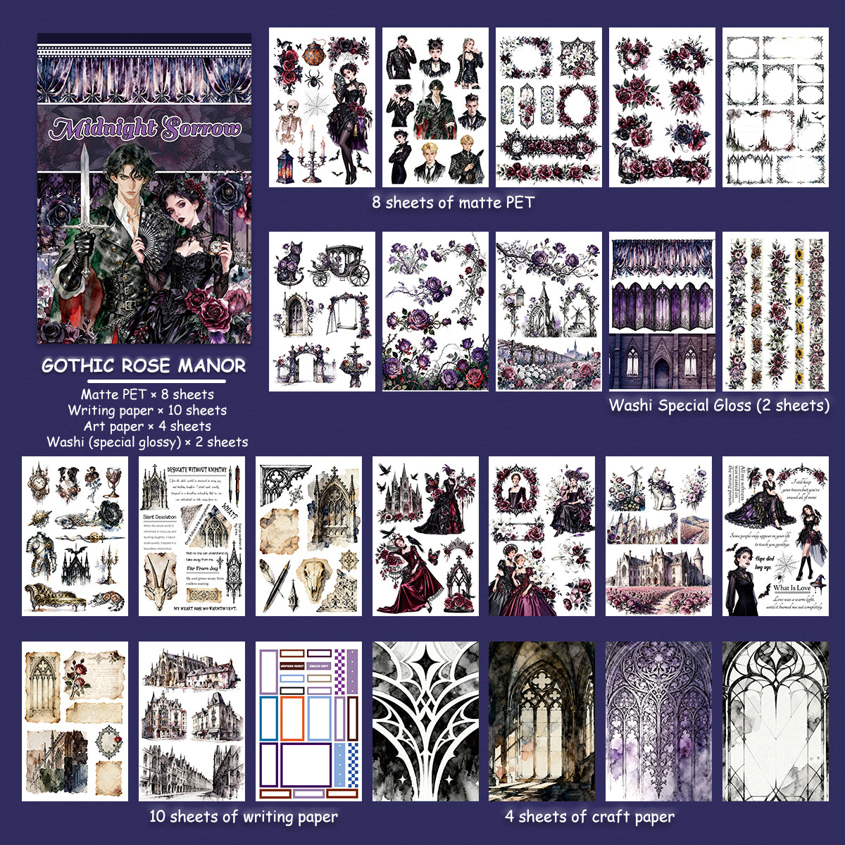 Gothic Rose Manor - Junk Journal Stickers | Gothic Kiss Cut Matte PET (24 Sheets)