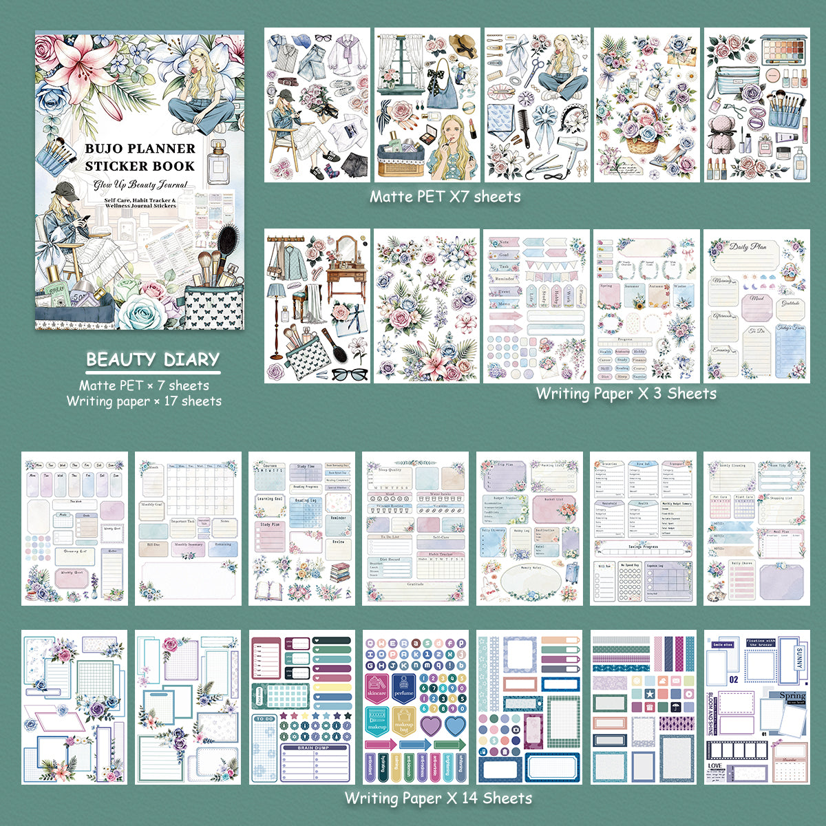 Beauty Diary - Planner Sticker Book | Pastel Kiss Cut Matte PET (24 Sheets)