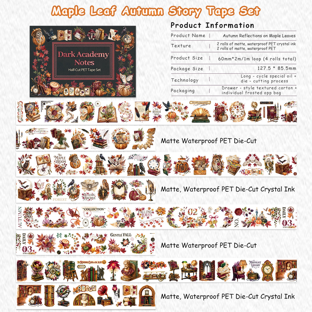 Autumn Reflections On Maple Leaves - PET Tapes | Dark Academia Special Oil Die Cut (4 Rolls)