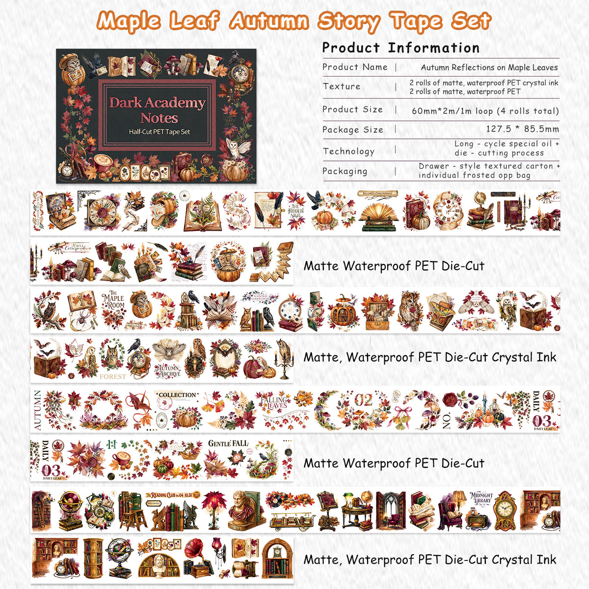 Autumn Reflections On Maple Leaves - PET Tapes | Dark Academia Special Oil Die Cut (4 Rolls)
