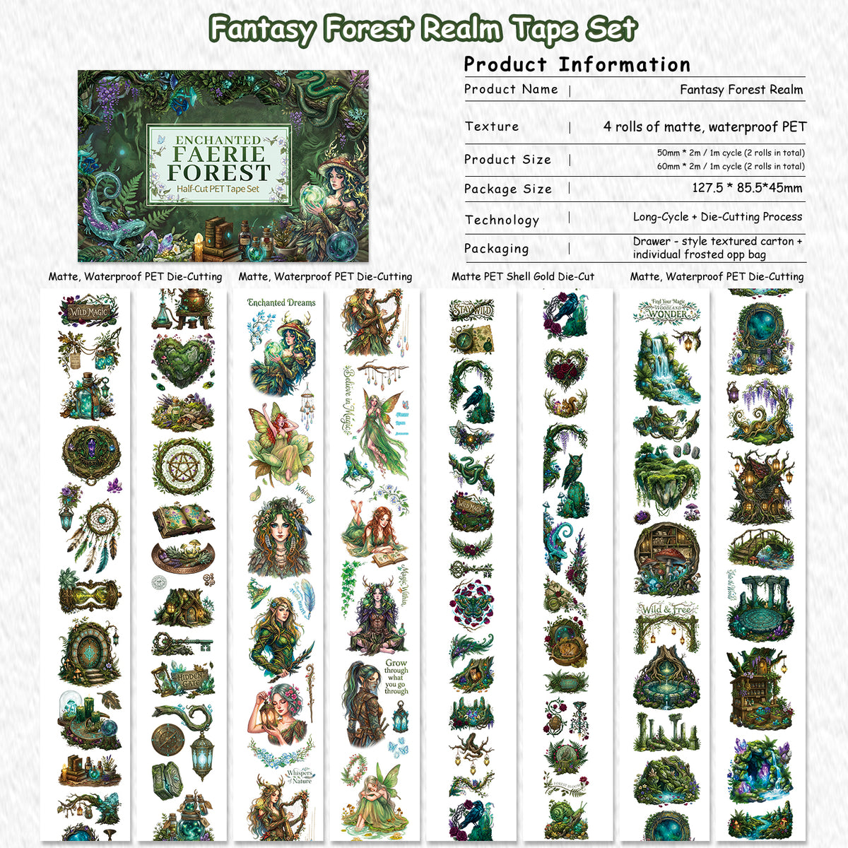 Fantasy Forest Realm - PET Tapes | Whimsical Shell Gold Die Cut (4 Rolls)