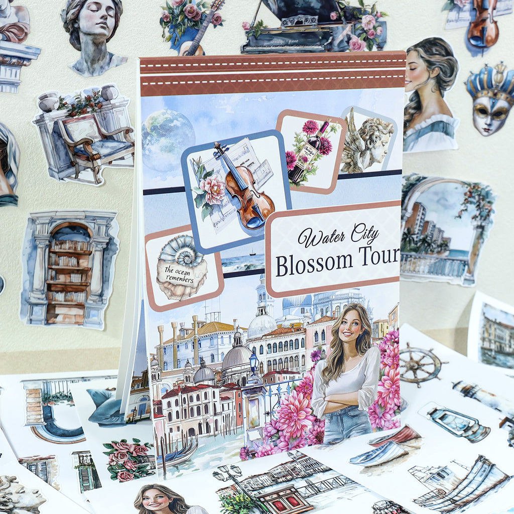 Water City Blossom Walk - Collage Stickers | Romantic Kiss Cut Matte PET (20 Sheets)