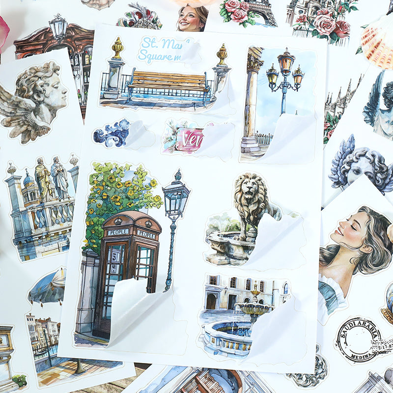 Water City Blossom Walk - Collage Stickers | Romantic Kiss Cut Matte PET (20 Sheets)