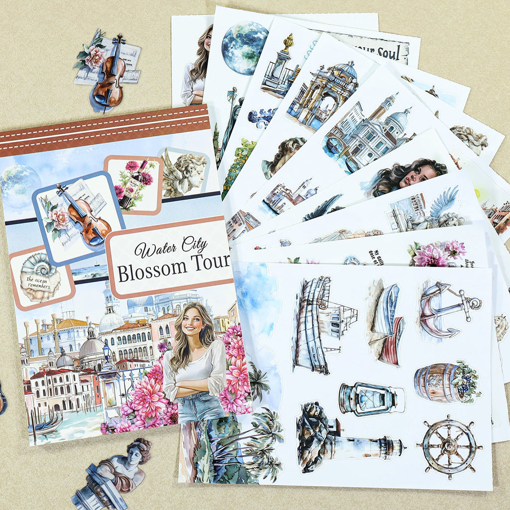 Water City Blossom Walk - Collage Stickers | Romantic Kiss Cut Matte PET (20 Sheets)