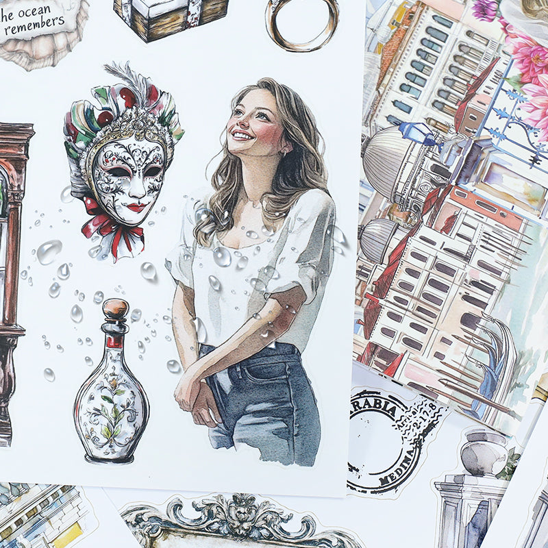 Water City Blossom Walk - Collage Stickers | Romantic Kiss Cut Matte PET (20 Sheets)