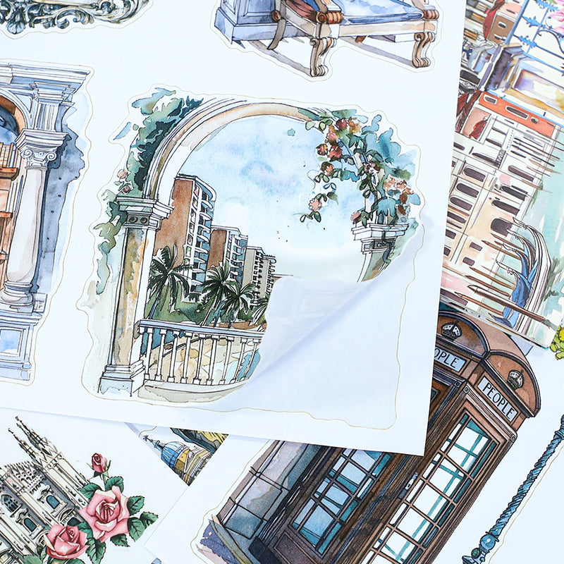 Water City Blossom Walk - Collage Stickers | Romantic Kiss Cut Matte PET (20 Sheets)