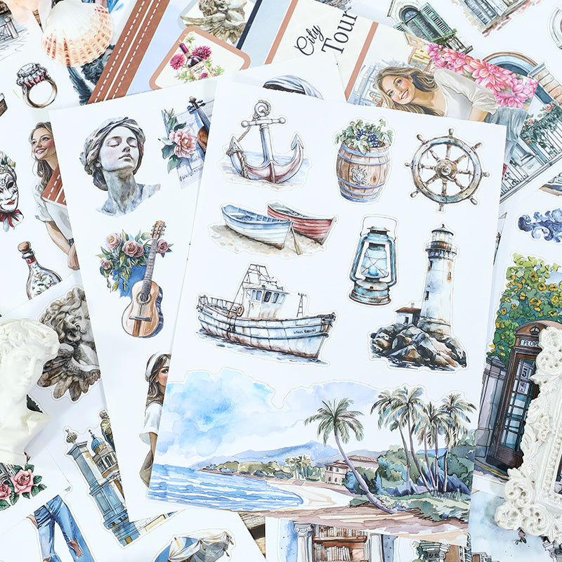 Water City Blossom Walk - Collage Stickers | Romantic Kiss Cut Matte PET (20 Sheets)