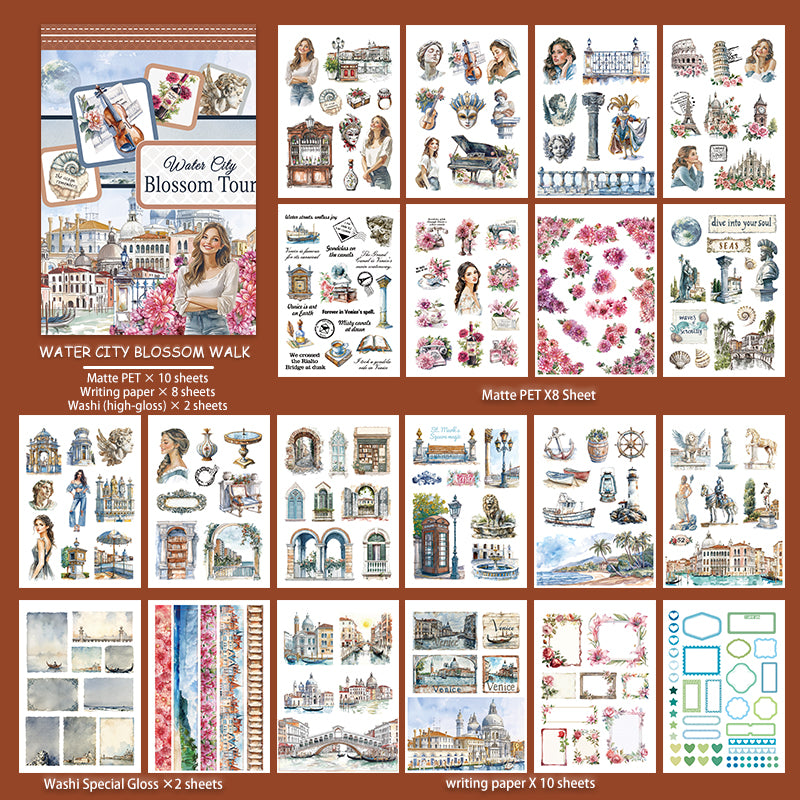 Water City Blossom Walk - Collage Stickers | Romantic Kiss Cut Matte PET (20 Sheets)