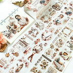 Early Winter Routine Kiss Cut Tape Set, Matte PET & Washi, Vintage Character Botanical Scenes for Junk Journal Collage
