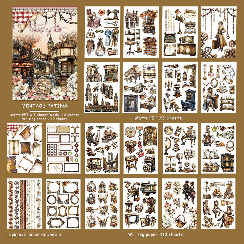 Vintage Patina - Junk Journal Stickers | Steampunk Kiss Cut Matte PET (20 Sheets)