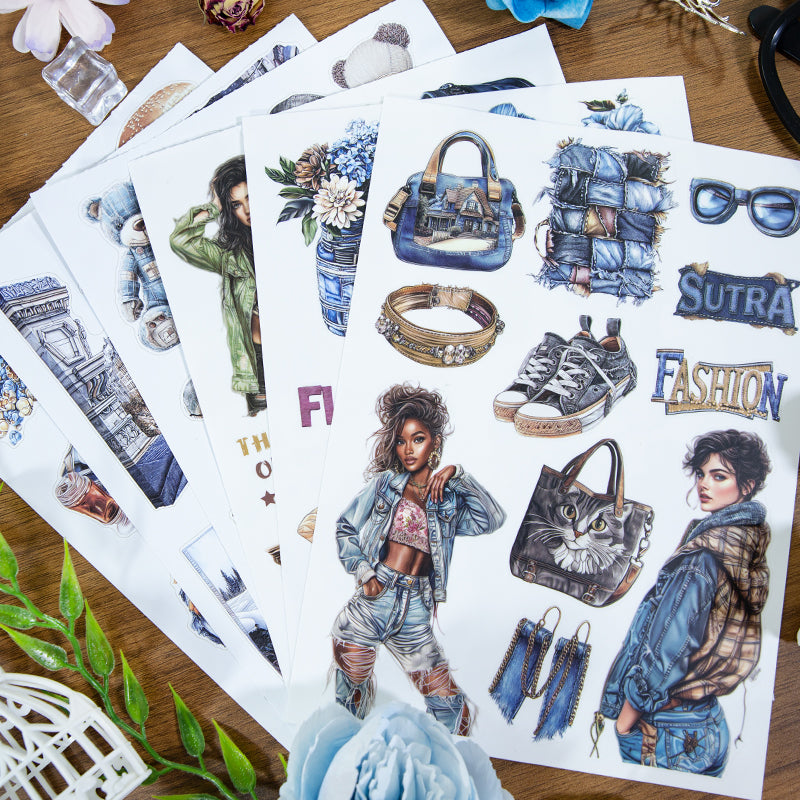 Blue Jeans Diary - Junk Journal Stickers | Retro Hot Stamping Matte PET (20 Sheets)