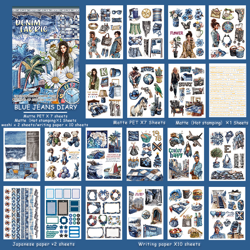 Blue Jeans Diary - Junk Journal Stickers | Retro Hot Stamping Matte PET (20 Sheets)