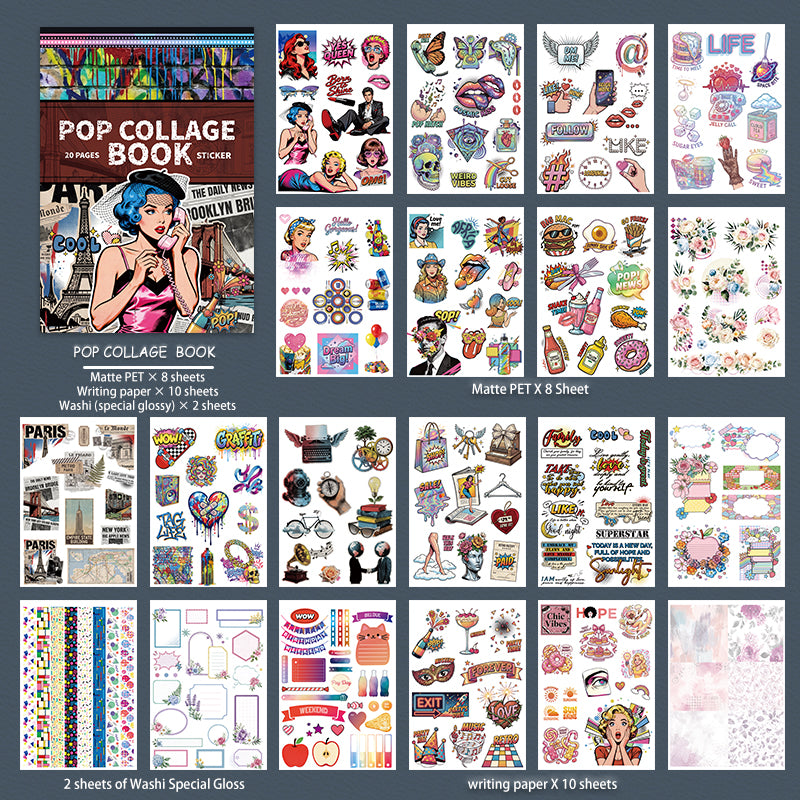 Pop Collage Book - Collage Stickers | Retro Kiss Cut Matte PET (20 Sheets)