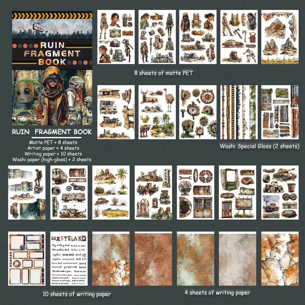 Ruin Fragment Book - Collage Stickers | Grunge Kiss Cut Matte PET (24 Sheets)