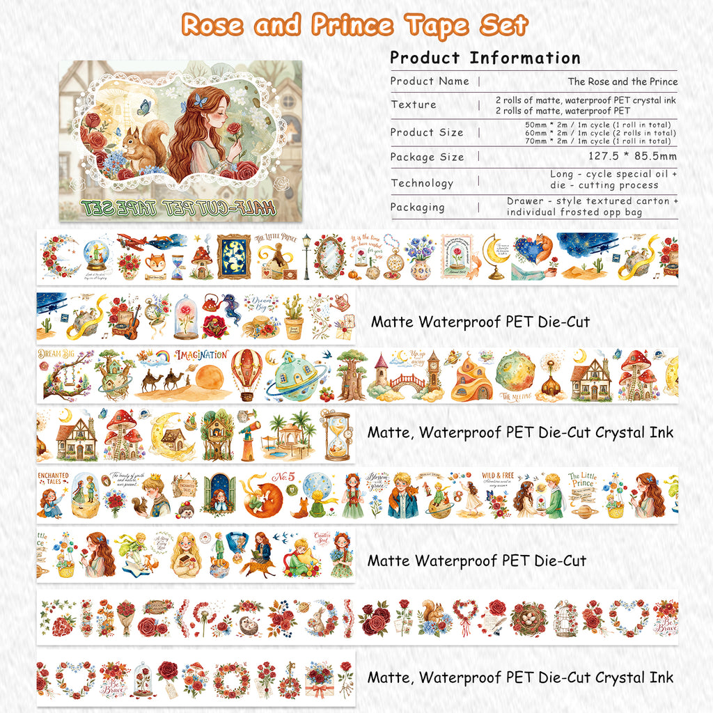 Rose and Prince Fairy Tale Fantasy Character & Botanical Matte PET Tape Set