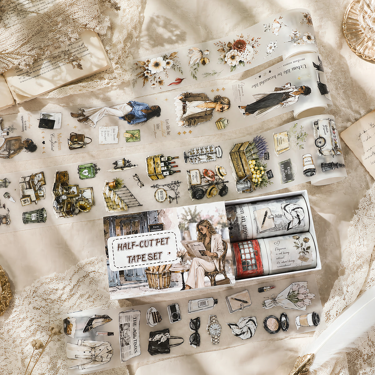 A French Afternoon - Decorative Tape Set | Parisian Special Oil Die Cut Matte PET (4 Rolls)