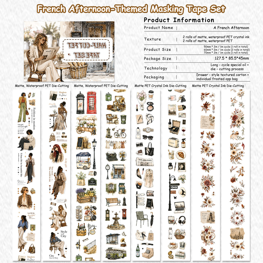 A French Afternoon - Decorative Tape Set | Parisian Special Oil Die Cut Matte PET (4 Rolls)