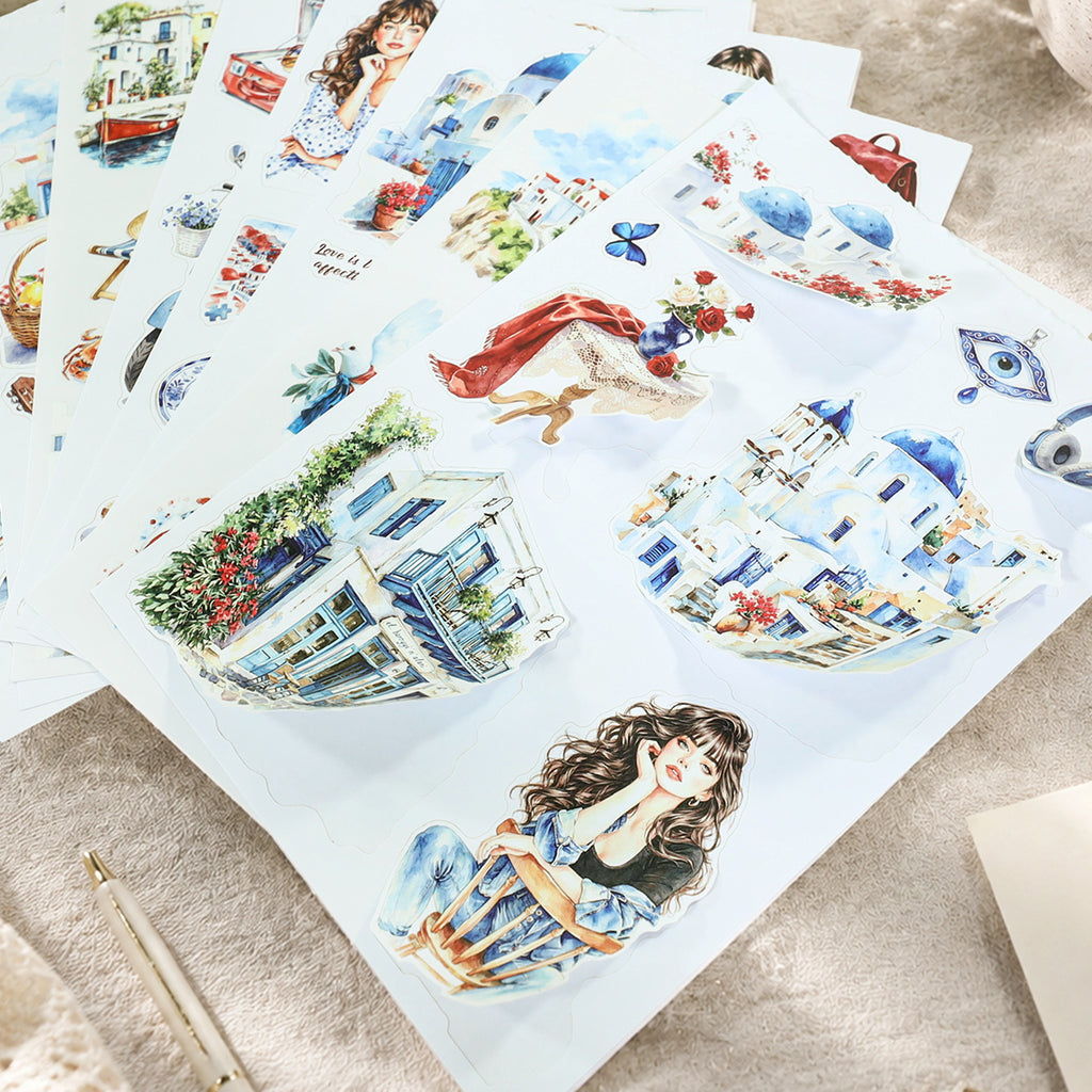 Santorini Blue - Junk Journal Stickers | Aesthetic Kiss Cut Matte PET (24 Sheets)