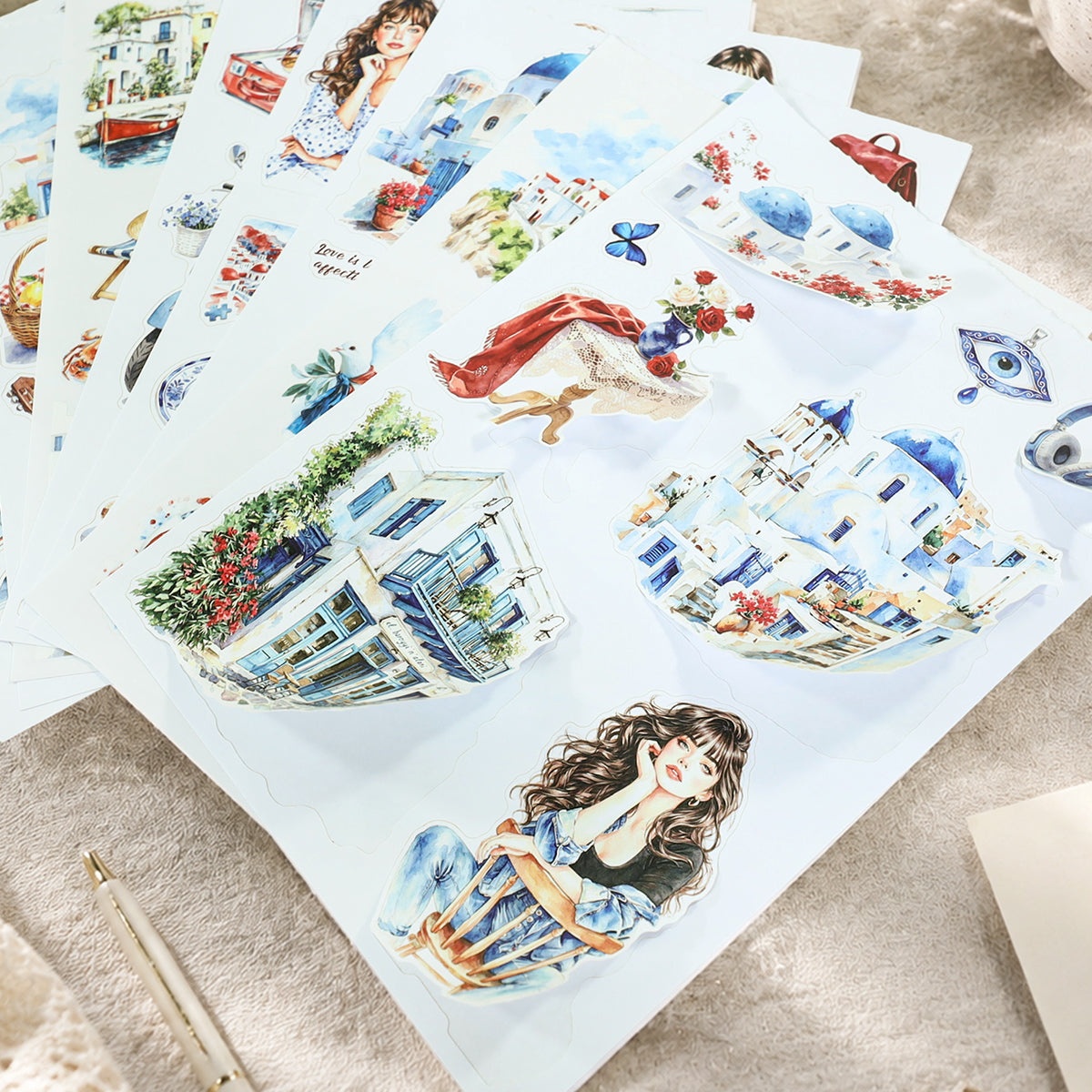 Santorini Blue - Junk Journal Stickers | Aesthetic Kiss Cut Matte PET (24 Sheets)