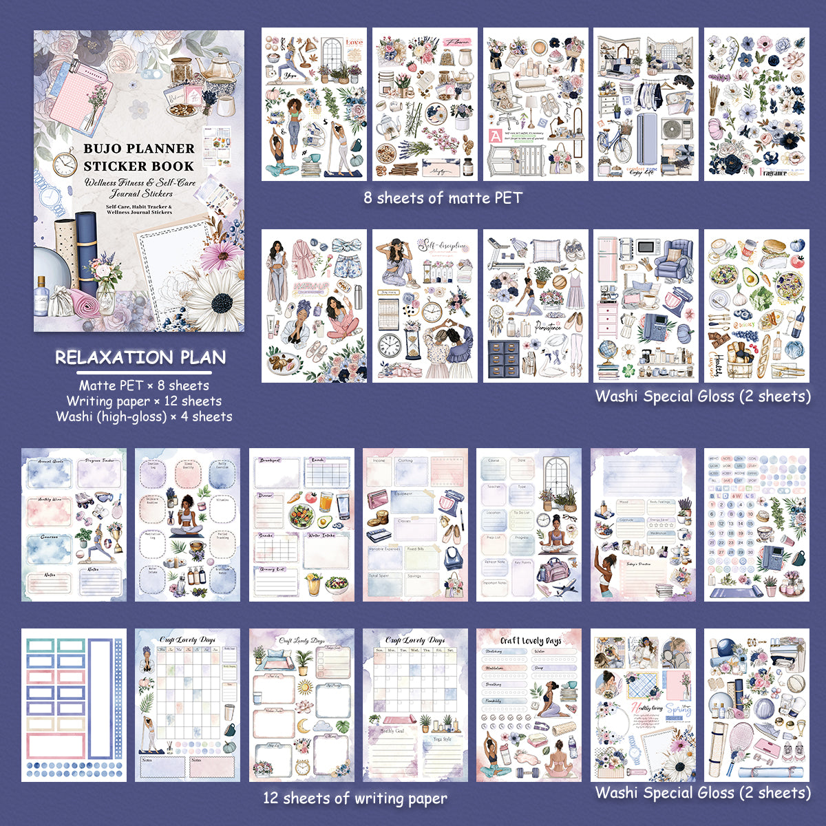 Relaxation Plan - Planner Sticker Book | Aesthetic Special Gloss Matte PET (24 Sheets)