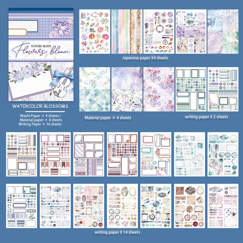 Watercolor Blossoms - Bullet Journal Stickers | Aesthetic Kiss Cut Art Paper (24 Sheets)