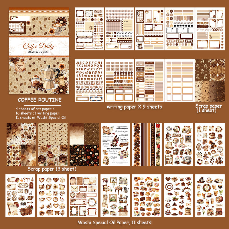 Coffee Routine - Functional Planner Stickers | Vintage Special Oil Washi Paper (24 Sheets)