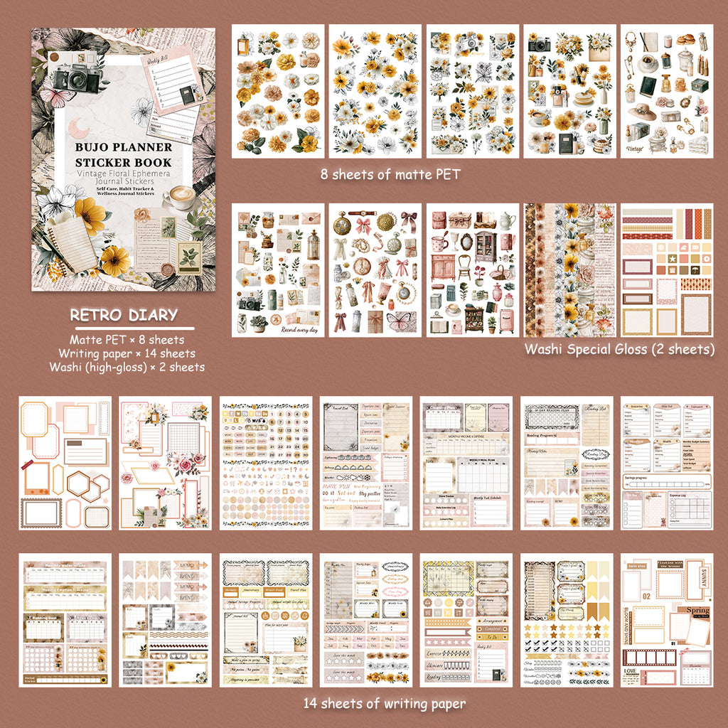 Retro Diary - Bullet Journal Stickers | Vintage Special Gloss Matte PET (24 Sheets)