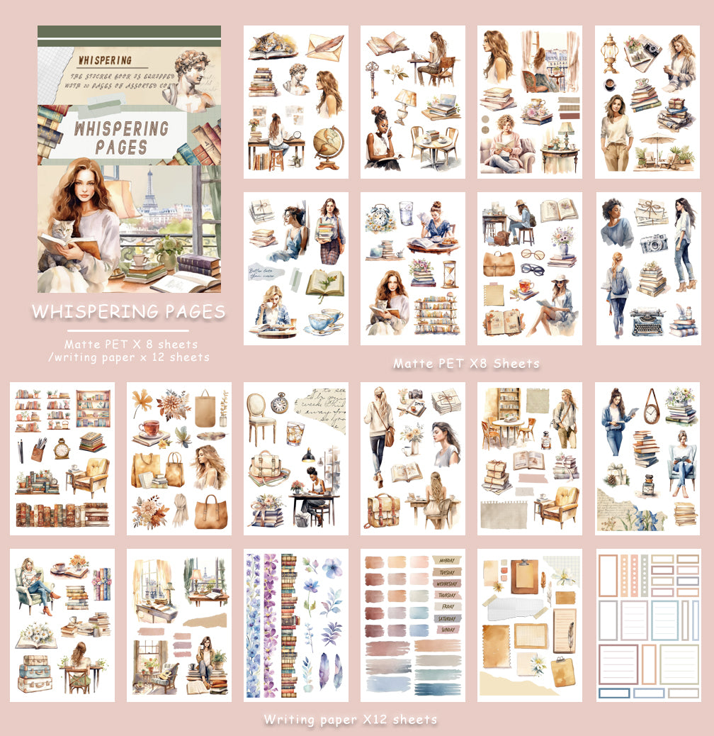 Whispering Pages - Junk Journal Stickers | Aesthetic Kiss Cut Matte PET (20 Sheets)