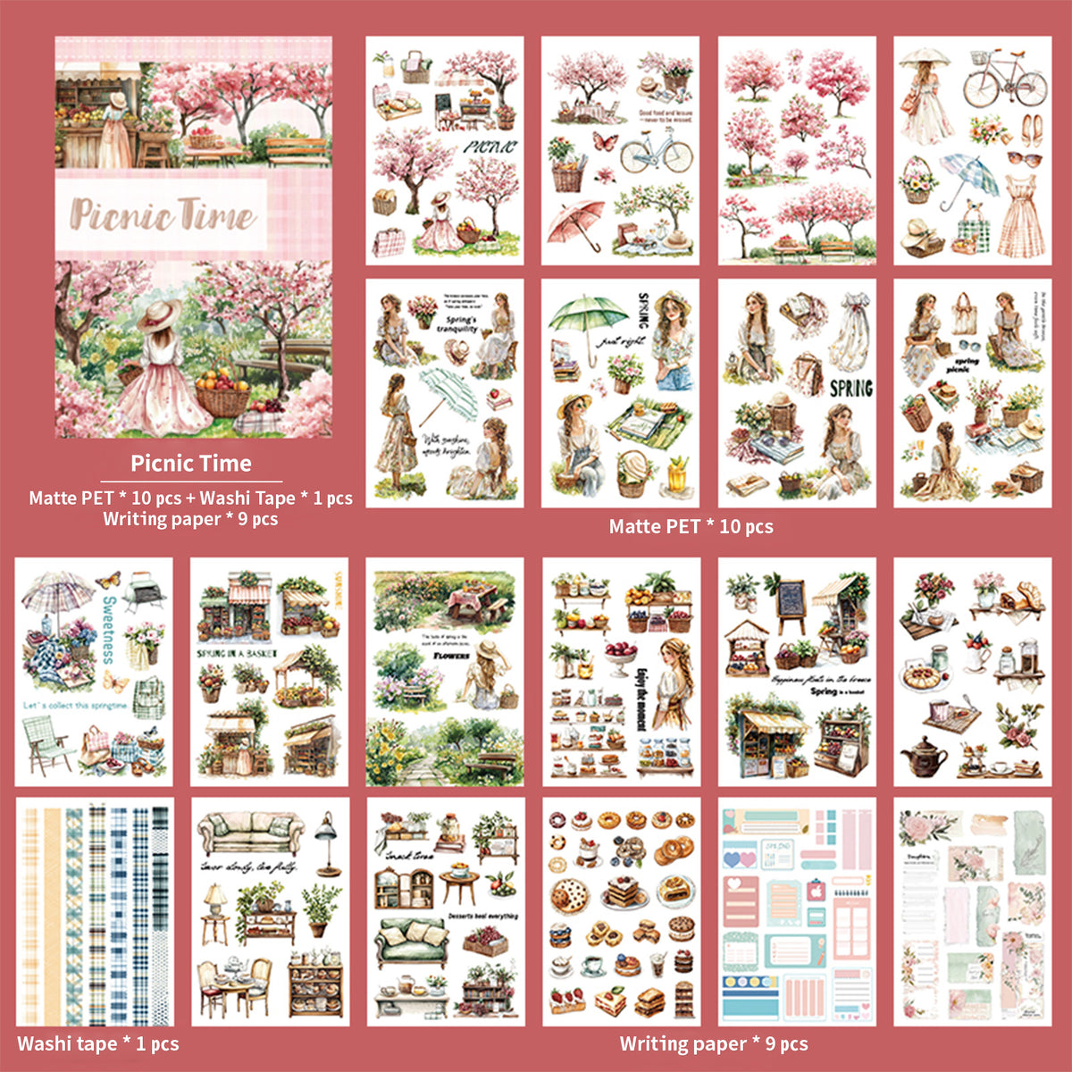Picnic Time - Collage Stickers | Romantic Kiss Cut Matte PET (20 Sheets)
