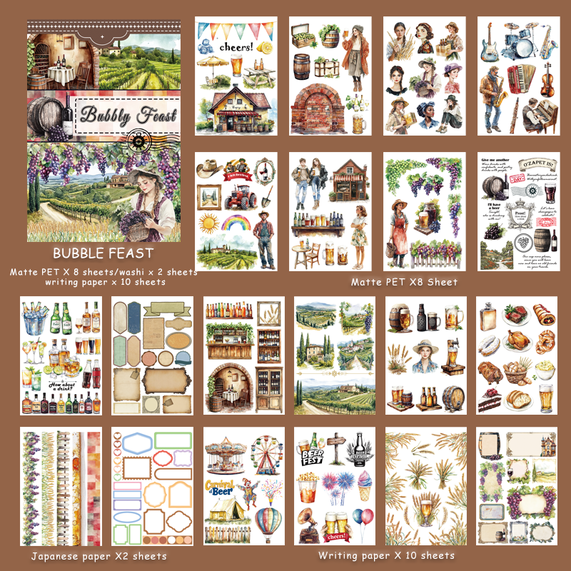 Bubbly Feast - Retro Stickers | Retro Kiss Cut Matte PET (20 Sheets)