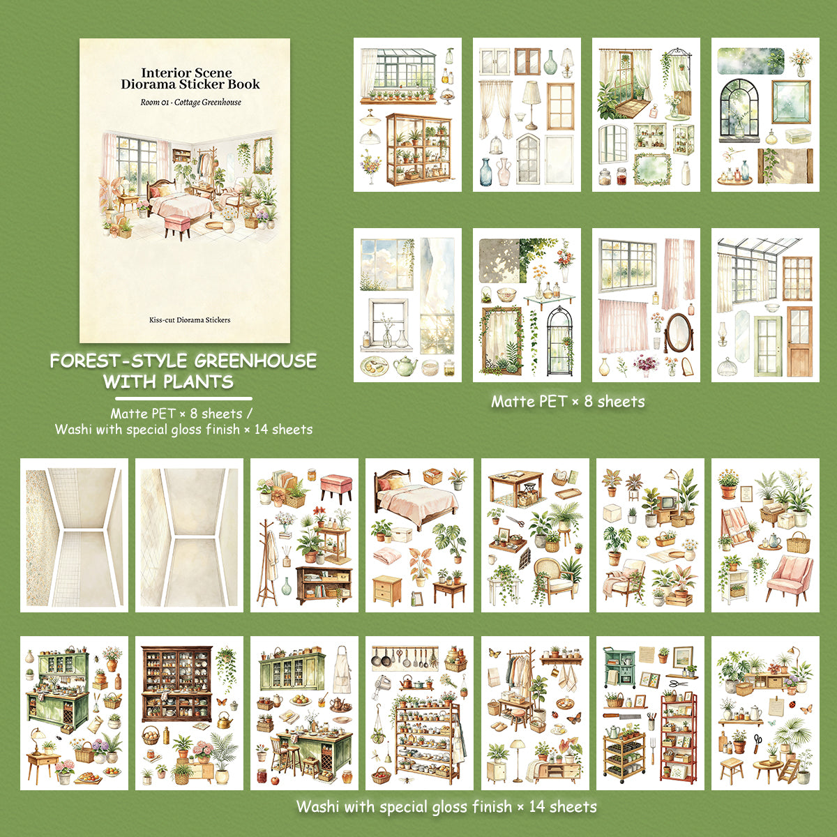 Cottage Greenhouse - Miniature Scene Stickers | Cottagecore Special Oil Matte PET (22 Sheets)