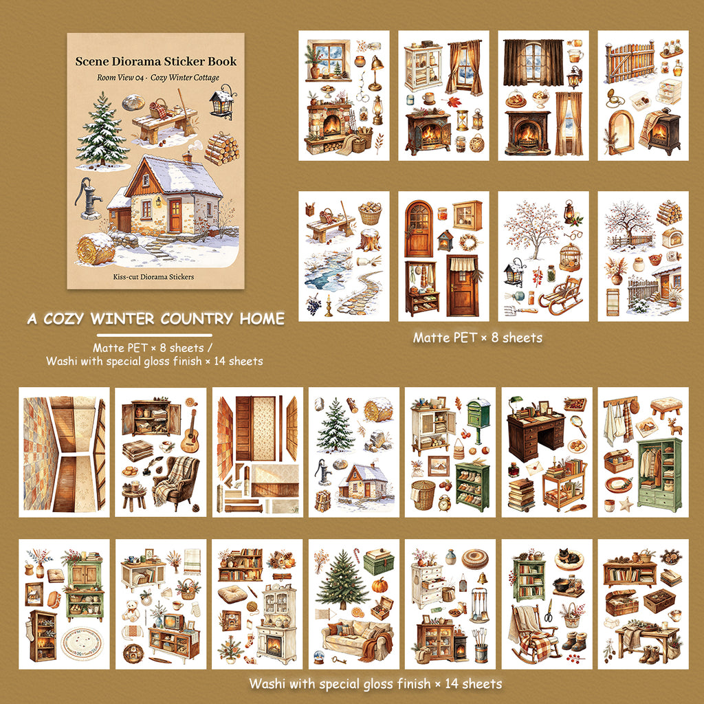 Cozy Winter Cottage - Scene Sticker Book | Cottagecore Special Oil Matte PET (22 Sheets)
