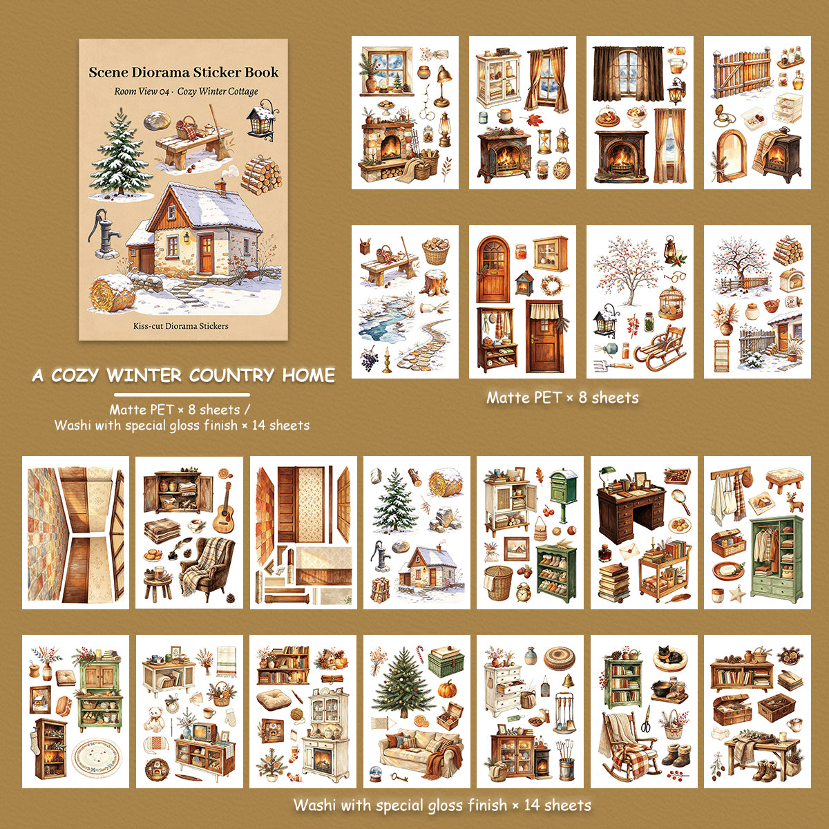 Cozy Winter Cottage - Scene Sticker Book | Cottagecore Special Oil Matte PET (22 Sheets)