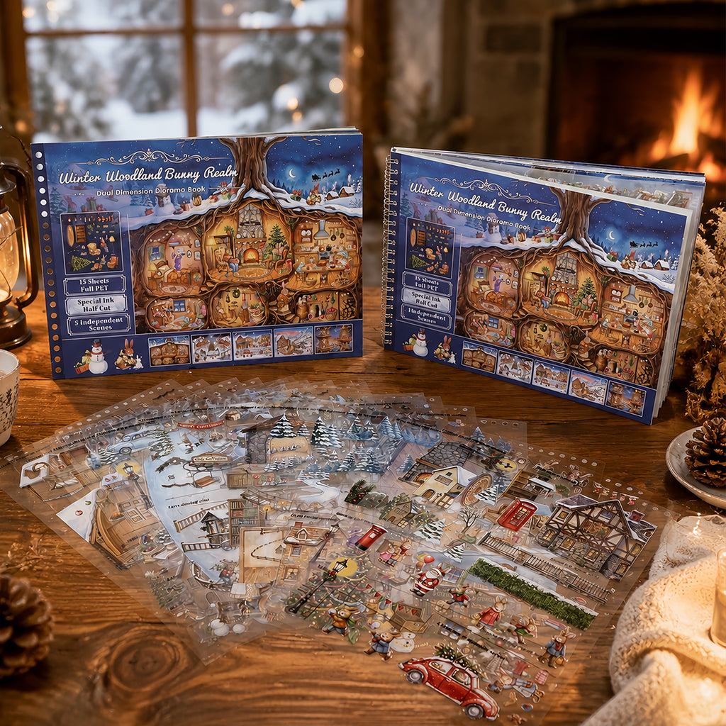 Winter Woodland Bunny Realm - Scene Sticker Book | Whimsical Special Ink Clear PET (15 Sheets)