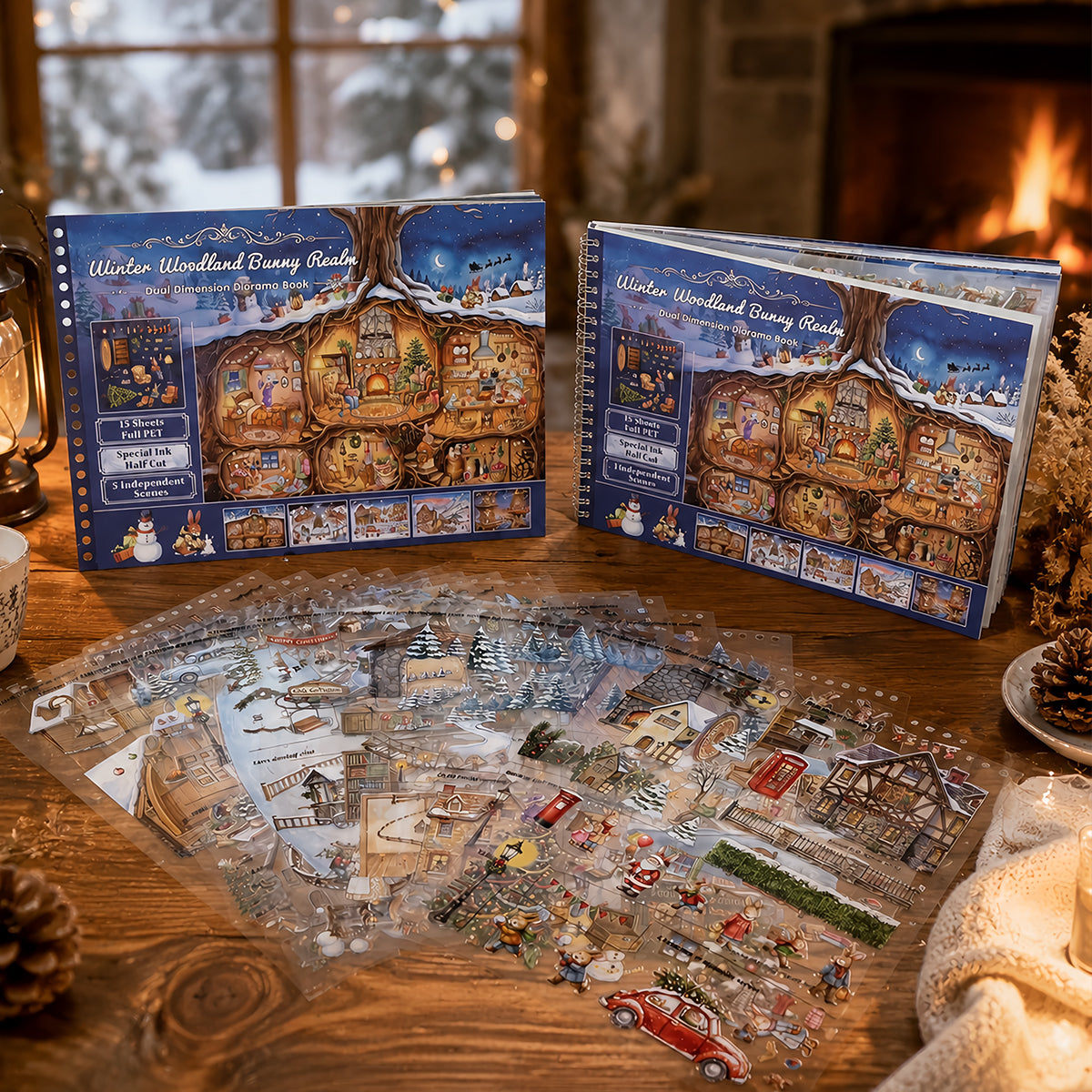 Winter Woodland Bunny Realm - Scene Sticker Book | Whimsical Special Ink Clear PET (15 Sheets)