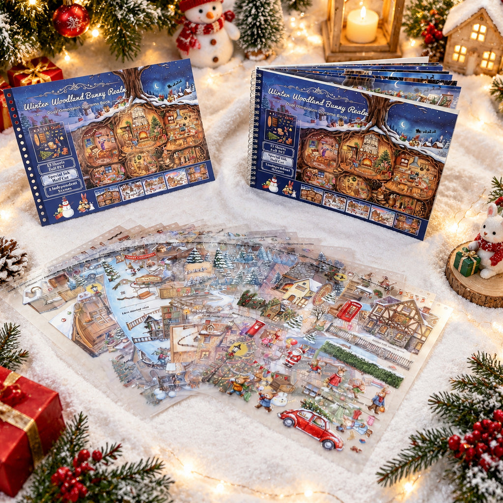 Winter Woodland Bunny Realm - Scene Sticker Book | Whimsical Special Ink Clear PET (15 Sheets)
