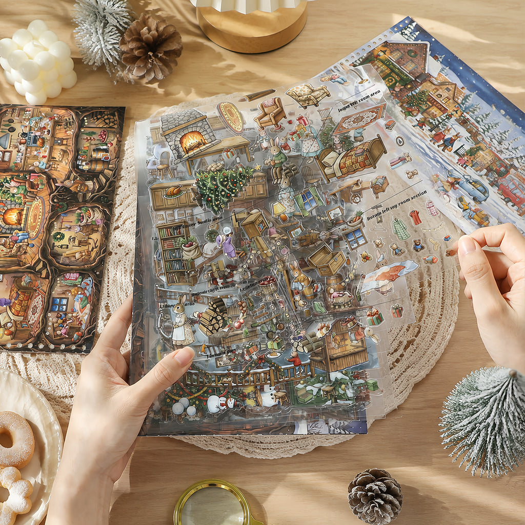 Winter Woodland Bunny Realm - Scene Sticker Book | Whimsical Special Ink Clear PET (15 Sheets)