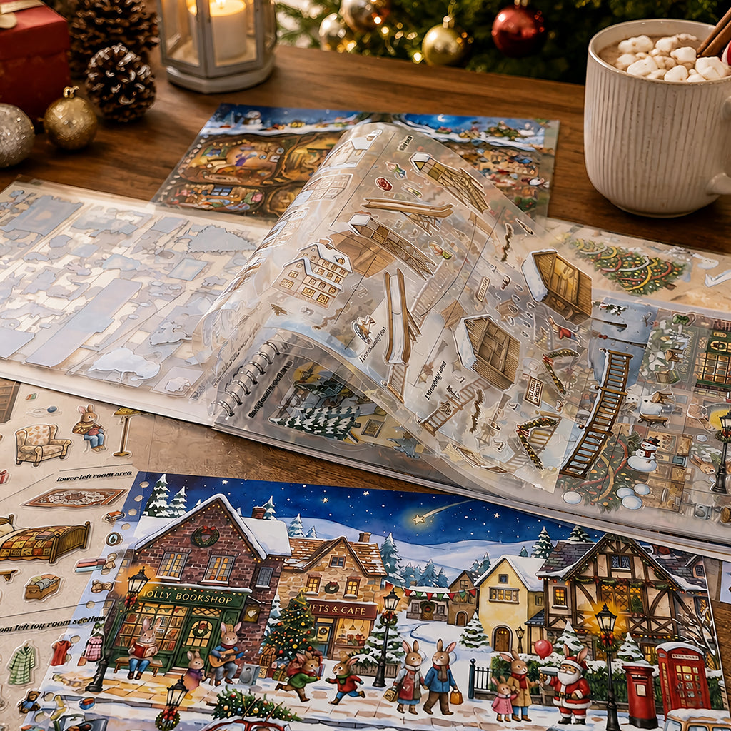 Winter Woodland Bunny Realm - Scene Sticker Book | Whimsical Special Ink Clear PET (15 Sheets)