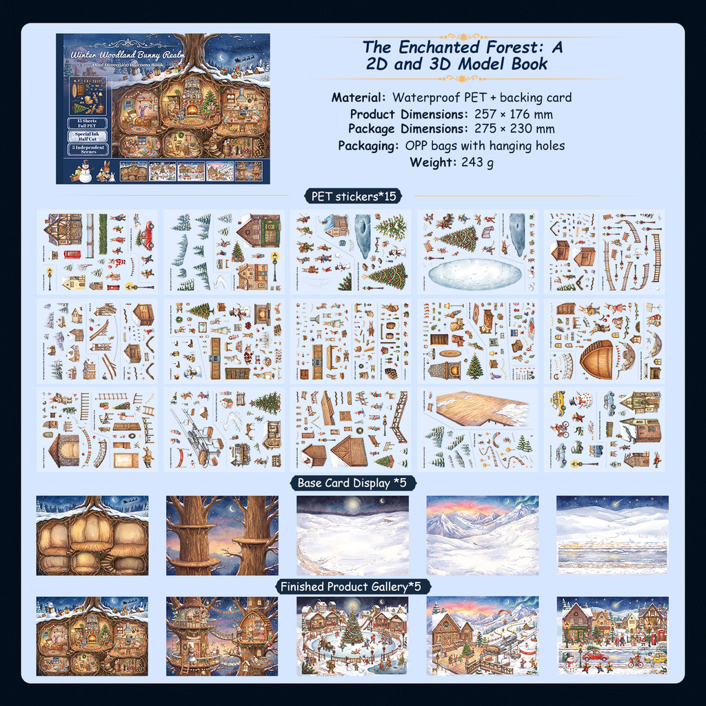 Winter Woodland Bunny Realm - Scene Sticker Book | Whimsical Special Ink Clear PET (15 Sheets)