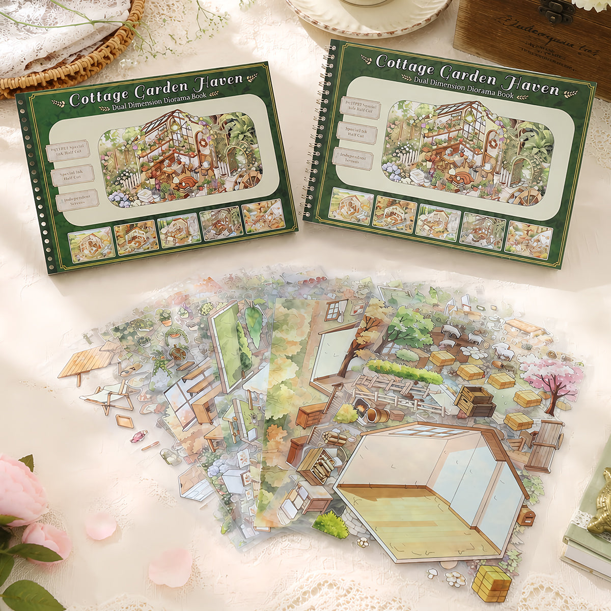 Cottage Garden Haven - Diorama Sticker Book | Cottagecore Kiss Cut Clear PET (15 Sheets)