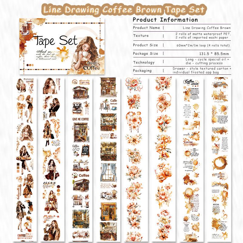 Line Drawing Coffee Brown - PET Tapes | Vintage Special Oil Die Cut (4 Rolls)